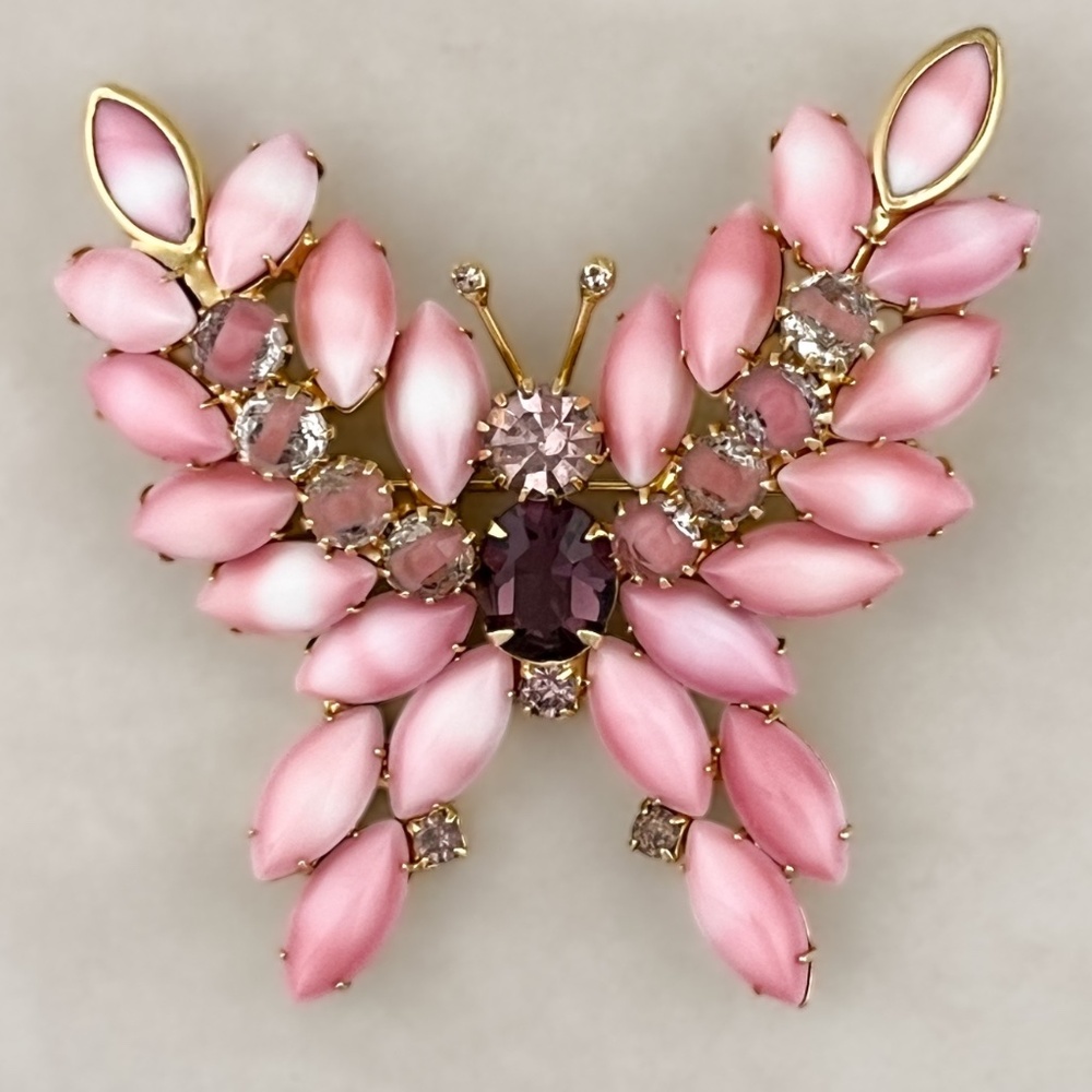 Vintage Butterfly Brooch Pink White Marquise Cabochons Pink Givre Rhinestones